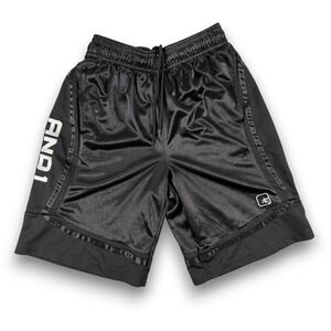 AND1 Basketball Shorts Mens S Black Athletic Mesh Graphic Vtg 90s Dazzle Shiny